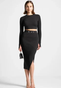 Two-Tone Ribbed Knit Midi Skirt With Belt
