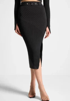 Two-Tone Ribbed Knit Midi Skirt With Belt