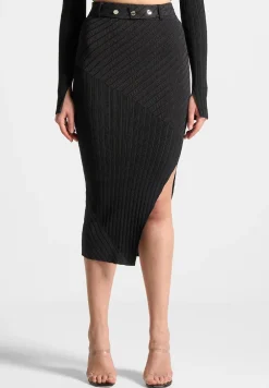 Two-Tone Ribbed Knit Midi Skirt With Belt