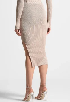 Two-Tone Ribbed Knit Midi Skirt With Belt