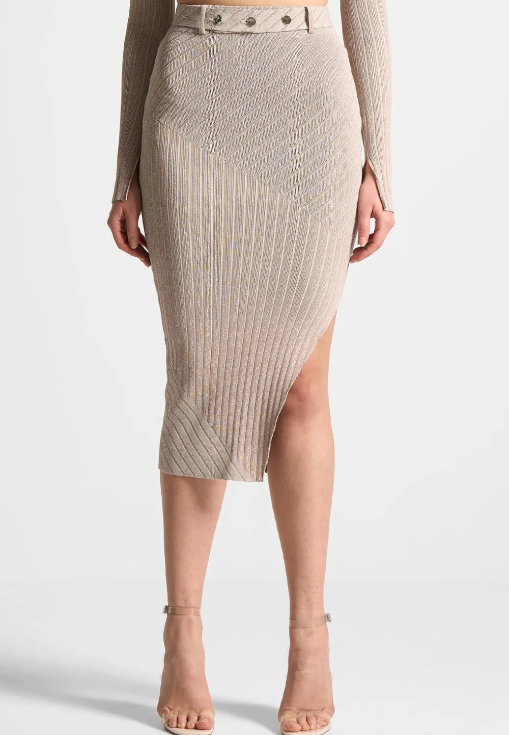 Two-Tone Ribbed Knit Midi Skirt With Belt