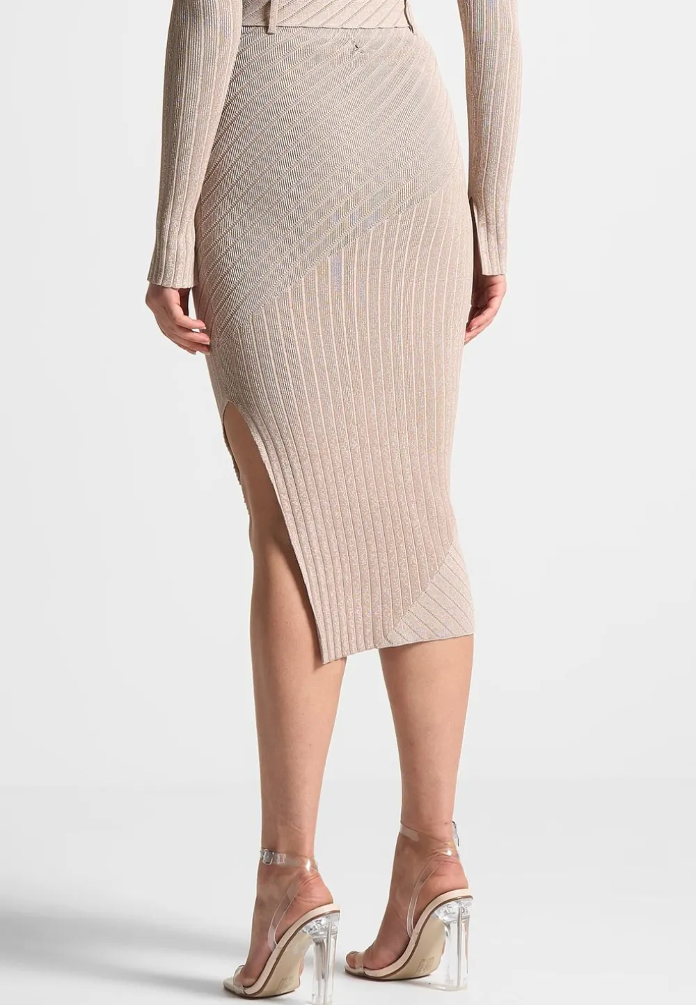 Two-Tone Ribbed Knit Midi Skirt With Belt