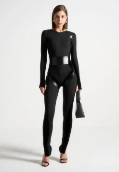 Vegan Leather & Bandage Contour Jumpsuit