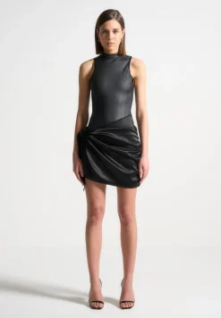 Vegan Leather & Satin Wrap Bodycon Dress