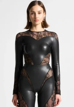 Vegan Leather And Lace Contour Bodysuit