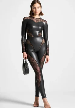Vegan Leather And Lace Contour Bodysuit