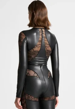Vegan Leather And Lace Contour Bodysuit