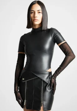 Vegan Leather Bodysuit With Mesh Gloves