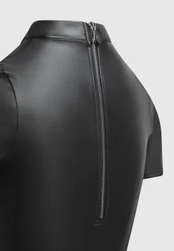 Vegan Leather Bodysuit With Mesh Gloves