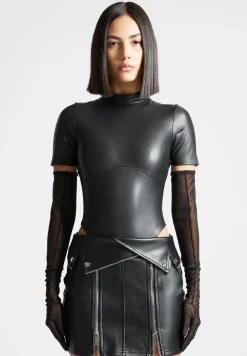 Vegan Leather Bodysuit With Mesh Gloves
