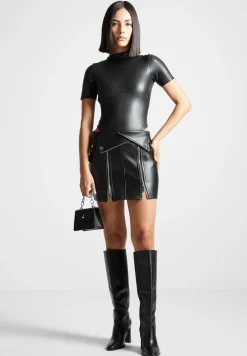 Vegan Leather Bodysuit With Mesh Gloves