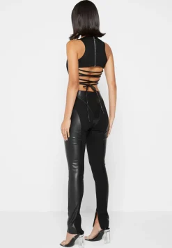 Vegan Leather Corset Lace Up Jumpsuit