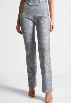 Vegan Leather Denim Effect Straight Leg Trousers