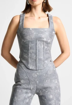 Vegan Leather Denim Effect Corset Top
