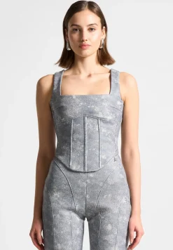 Vegan Leather Denim Effect Corset Top