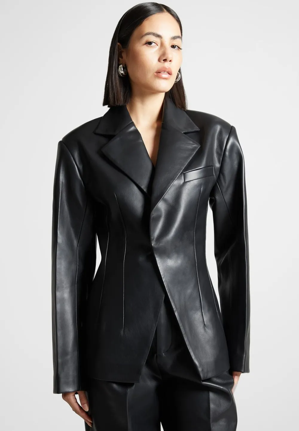 Vegan Leather Double Breasted Blazer