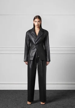 Vegan Leather Double Breasted Blazer