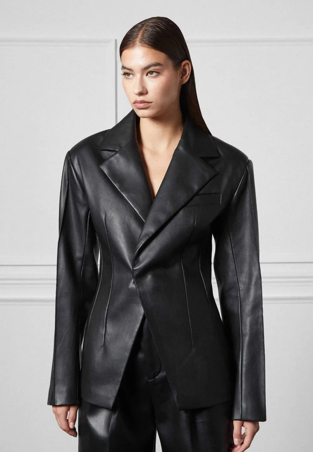 Vegan Leather Double Breasted Blazer