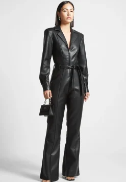 Vegan Leather Fit And Flare Belted Jumpsuit