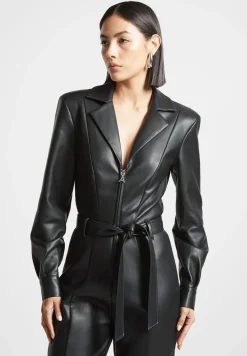 Vegan Leather Fit And Flare Belted Jumpsuit