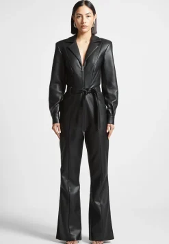 Vegan Leather Fit And Flare Belted Jumpsuit