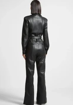 Vegan Leather Fit And Flare Belted Jumpsuit