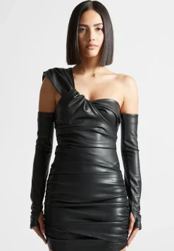 Vegan Leather Gathered Bodysuit With Sleeves