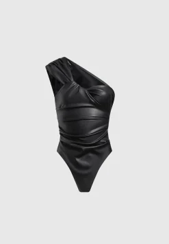 Vegan Leather Gathered Bodysuit With Sleeves