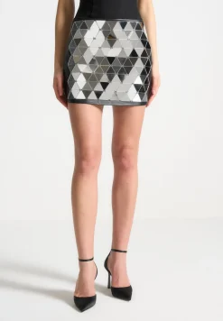 Vegan Leather Mirrored Mini Skirt - Silver/Black