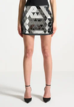 Vegan Leather Mirrored Mini Skirt - Silver/Black