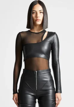 Vegan Leather Overlay Mesh Bodysuit