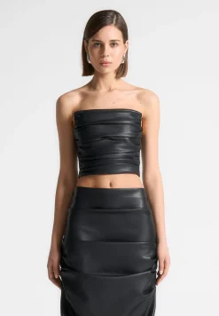 Vegan Leather Pleated Bandeau Corset Top