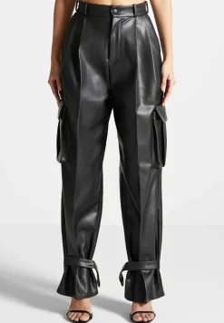 Vegan Leather Pleated Cargo Trousers