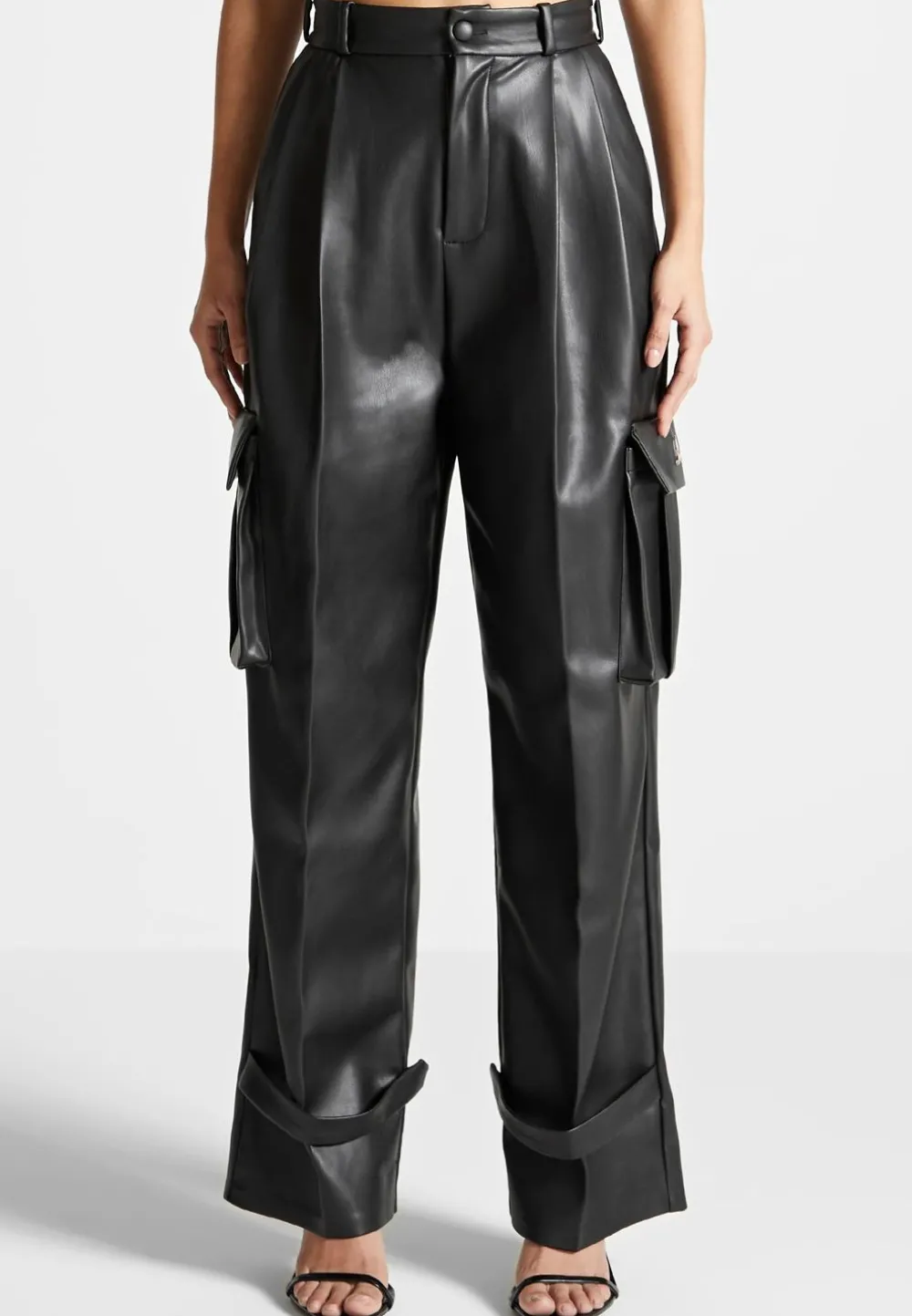 Vegan Leather Pleated Cargo Trousers