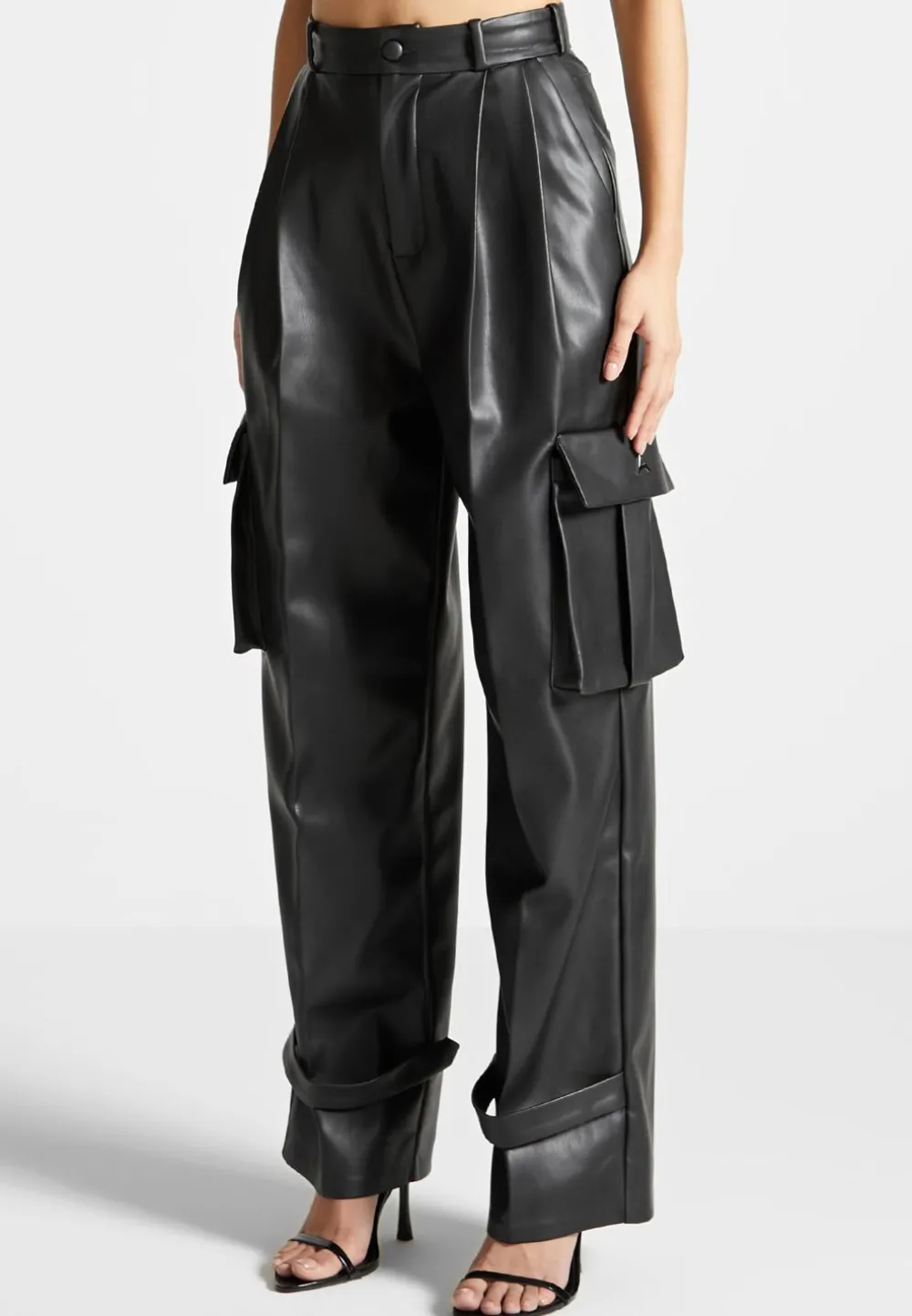 Vegan Leather Pleated Cargo Trousers