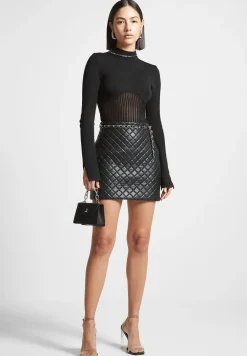 Vegan Leather Quilted Mini Skirt With Chain