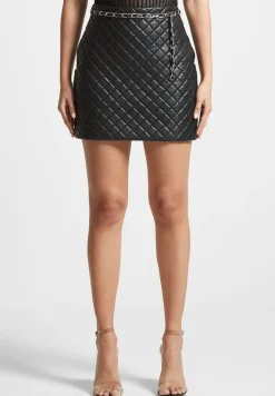 Vegan Leather Quilted Mini Skirt With Chain