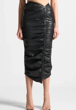Vegan Leather Ruched Midaxi Skirt