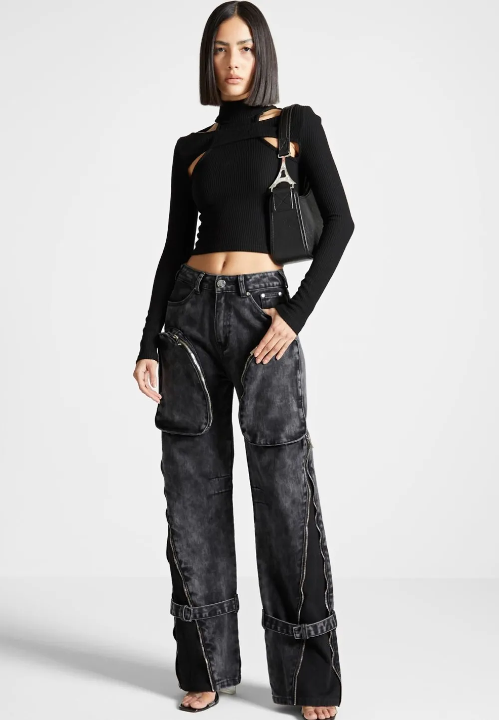 Zip Detail Denim Cargo Pants