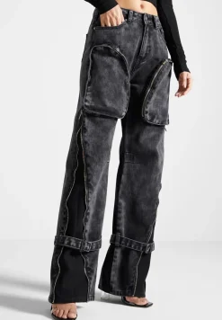 Zip Detail Denim Cargo Pants